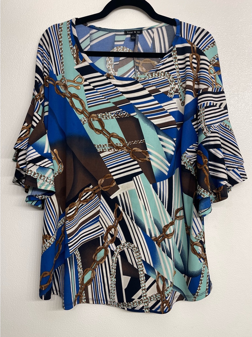 Sami & Jo Blue and Teal Chain-Print Ruffle Sleeve Blouse